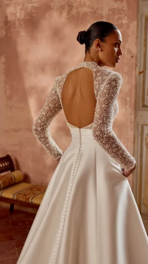 Νυφικό a-line από mikado με ψηλό λαιμό και κεντημένο μπουστο – 88464